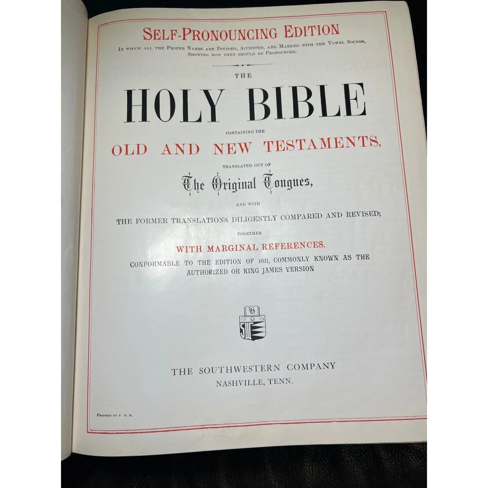 VTG Large Holy Bible Original Tongues Family Embossed Art Deco Cross Gold Trim